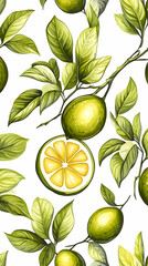 Limes on branch, cut lime, white background,  summer pattern, food design