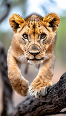 Obraz premium Lion cub leaping, savanna background, wildlife photography