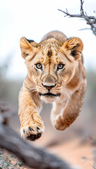 Lion cub leaping, African savanna, blurred background, wildlife photography