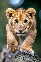 Obraz premium Lion cub, creeping, forest, bokeh background, wildlife