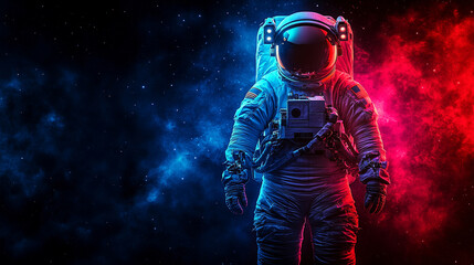 Fototapeta premium A female astronaut in a sleek uniform stands confidently, exuding professionalism and elegance. The blurred background emphasizes her grace, showcasing a modern and empowered image