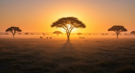 African Savanna Sunrise with Silhouetted Trees and Elephants in Mist