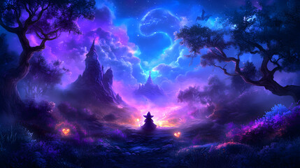 Fototapeta premium Magical forest landscape, mystical figure meditating, vibrant night sky, fantasy art, game design
