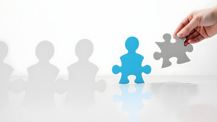 "Hand placing a blue puzzle piece into a gray puzzle of silhouettes. Symbolizes recruitment, teamwork, and finding the right fit in a professional and organized design."