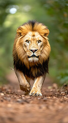 Fototapeta premium Majestic lion walking forest path, wildlife, nature