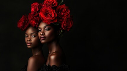 Naklejka premium Two Black women adorned with red roses embody beauty, elegance, and sisterhood in a captivating portrait.