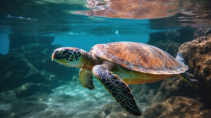 Fototapeta premium Green turtle swimming under the sea in clear sea water