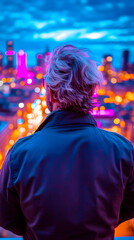 Obraz premium Man overlooking city night lights, urban scene, rooftop view, travel photography