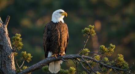 Bald Eagle Perched on Tree Branch at Golden Hour Wildlife Photography
