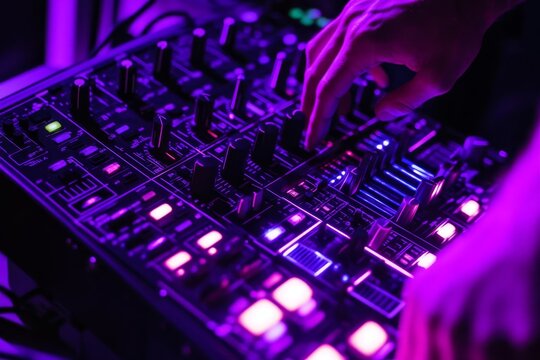 Hands Adjusting DJ Mixer with Colorful Lights at Night Event