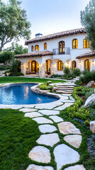 Obraz premium Mediterranean villa, pool, garden, sunset, landscaping, real estate