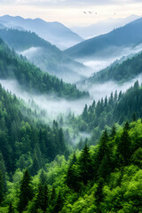Fototapeta premium Misty mountain valley sunrise, green forest, birds flying. Nature wallpaper