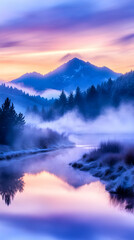 Obraz premium Misty sunrise mountain river reflection landscape, nature travel