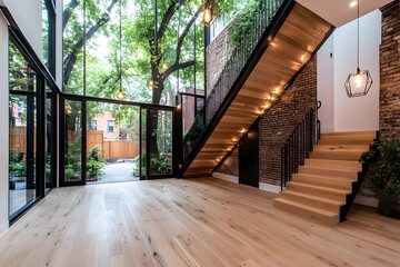 Modern home interior, glass wall, garden view, wooden stairs
