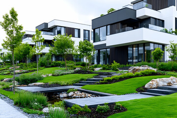 Naklejka premium Modern homes, landscaped gardens, suburban area, daylight