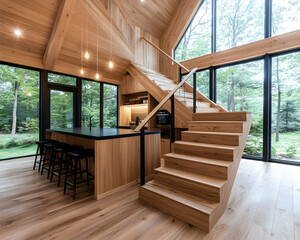 Modern wooden home interior, kitchen island, staircase, forest view