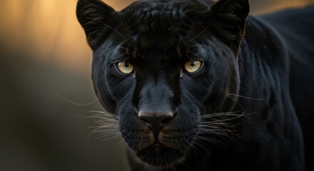 Black Panther Close Up Portrait with Intense Yellow Eyes Staring Forward