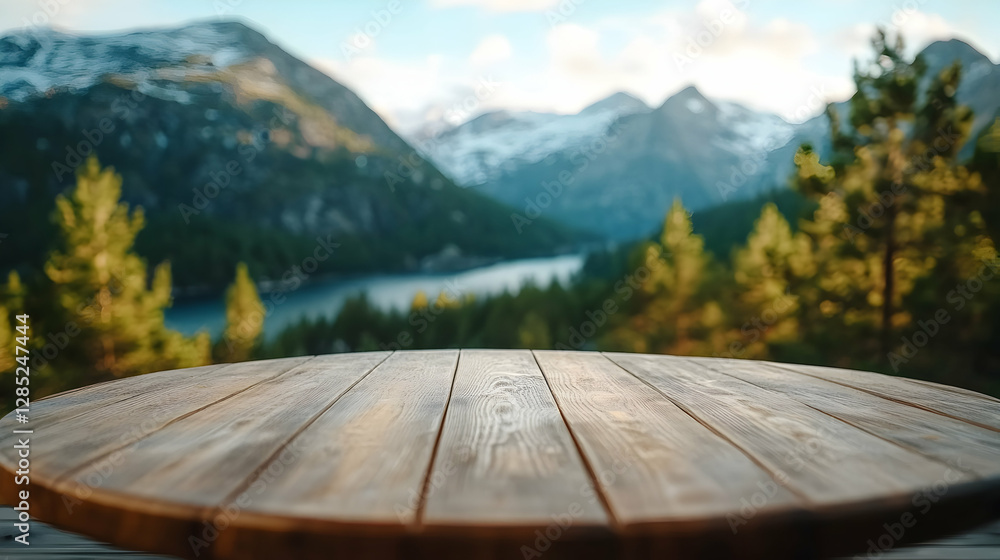 Poster mountain lake view from wooden table; nature backdrop for product display