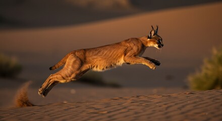 Caracal Leaping Across Sand Dune in Desert Landscape at Golden Hour