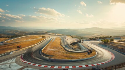 A stunning panoramic view showcasing an empty F1 track layout under a beautiful sky, highlighting the winding curves and scenic landscape surrounding the circuit.