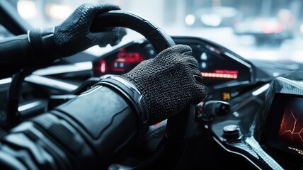 Dynamic close-up of gloved hands gripping a steering wheel, showcasing the blend of technology and control in modern driving environments. Perfect for automotive themes.