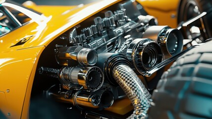Fototapeta premium A striking close-up image showcasing the intricate details of a race car engine and exhaust system, highlighting shiny chrome parts and advanced engineering.