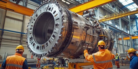 A large industrial engine is being assembled by workers in safety gear inside a spacious manufacturing facility.