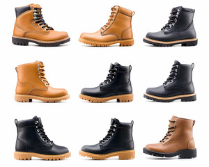 Nine leather boots, various angles, white background, product photography for online stores