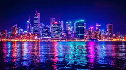 Fototapeta premium Reflection of city lights dances on the water surface.
