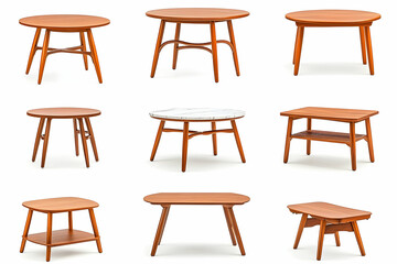 Nine wooden coffee tables, various shapes and sizes, white background, home decor