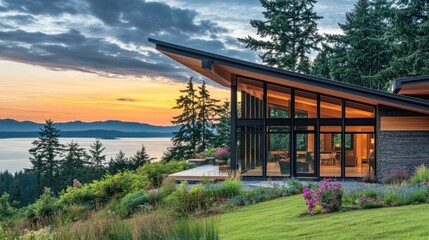 Obraz premium Modern house with expansive windows overlooking a sunset and ocean view.