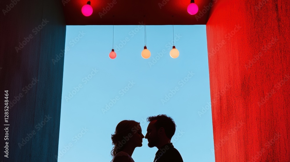 Aufkleber silhouette romance modern couple under string lights in vibrant architectural frame - evening weddin
