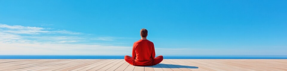 Fototapeta premium Serene Oceanfront Meditation Cross-Legged Mindfulness on Wooden Deck - Visualizing Inner Peace for Wellness Campaigns and Lifestyle Content Creation