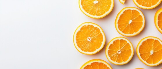 Minimalist Citrus Display Artfully Arranged Orange Slices on White Surface - Vibrant Fruit Texture for Wellness Marketing and Natural Supplement Branding