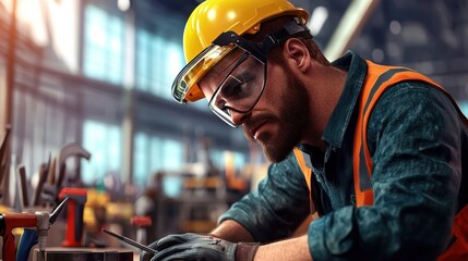 Focused male worker in safety gear meticulously crafting metal parts in a busy workshop