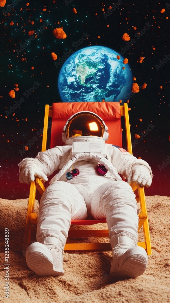 Poster astronaut beach chair relaxation on lunar surface surreal space escapism art for tech and wellness m