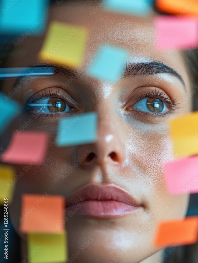 Poster vibrant brainstorming hub millennial professionals creative process through colorful sticky notes on