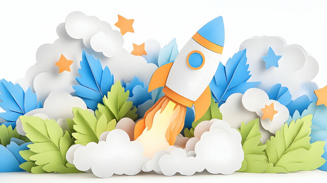 Paper rocket launching amidst leaves, clouds, and stars; business startup concept