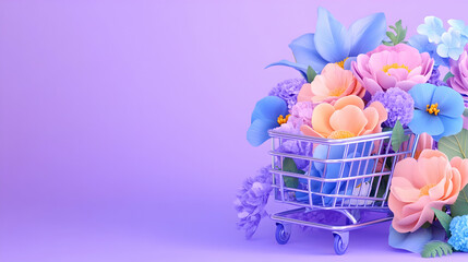 Pastel paper flowers in shopping cart, purple background, online shopping, floral e-commerce banner