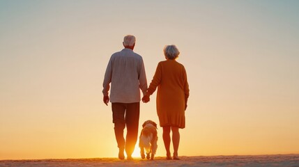 Golden Hour Serenity Senior Couple and Dog on Beach - Active Aging and Pet Wellness Imagery for Lifestyle and Health Marketing, Embracing Tranquility and Natures Beauty