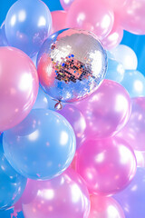 Pink and blue balloons arch, party celebration, festive background, event decor