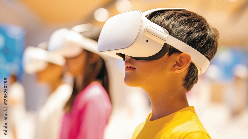 Poster Futuristic VR Tech Experience Local Family with Diverse Backgrounds Engages in Virtual Exploration with Sleek White Headsets - Enhancing Community Learning and Interaction