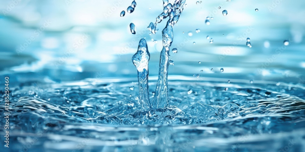 Poster a close-up of droplets splashing in clear water, creating ripples and reflections in a serene blue b