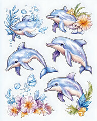 Fototapeta premium Playful Dolphins with Flowers, Ocean Background, Summer Fun