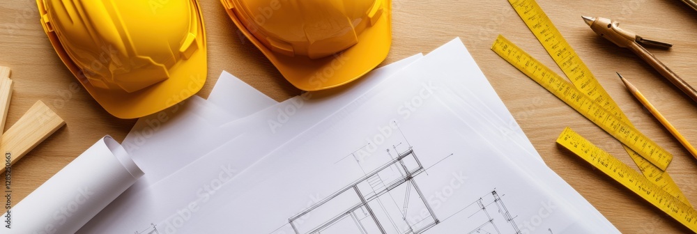 Poster nordic minimalist blueprint layout on oak surface architectural planning and construction strategy f