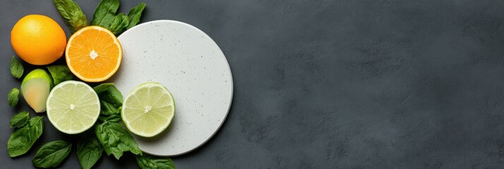 Concrete Chic Fresh Citrus and Herb Arrangement on Slate for Modern Culinary Content - Elevate Kitchen Wellness and Promote Healthy Living