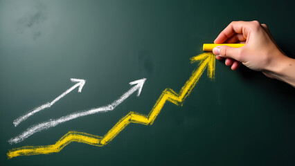 "Yellow arrow curving upward on a chalkboard, drawn by a hand. Faint white arrows in the background symbolize competition, progress, and success in a motivational design."
