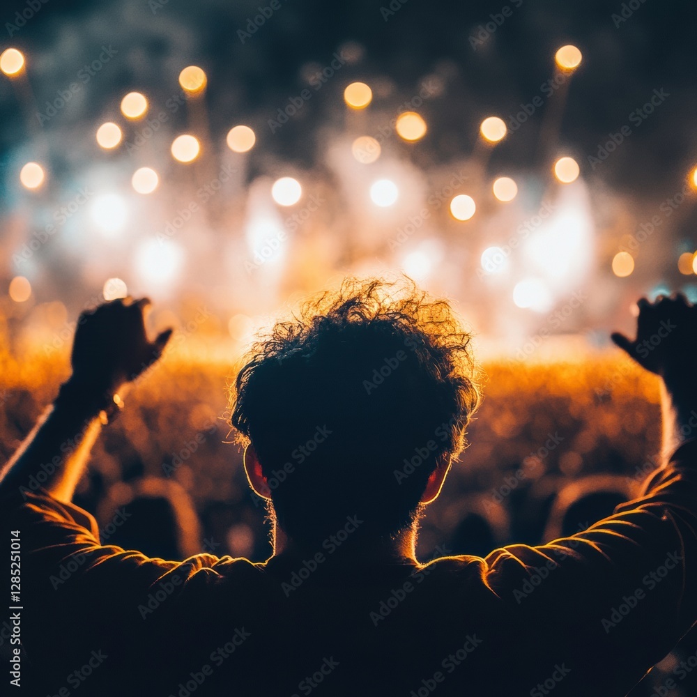 Poster vibrant light show display nighttime fireworks with dynamic crowd silhouettes - capturing modern fes