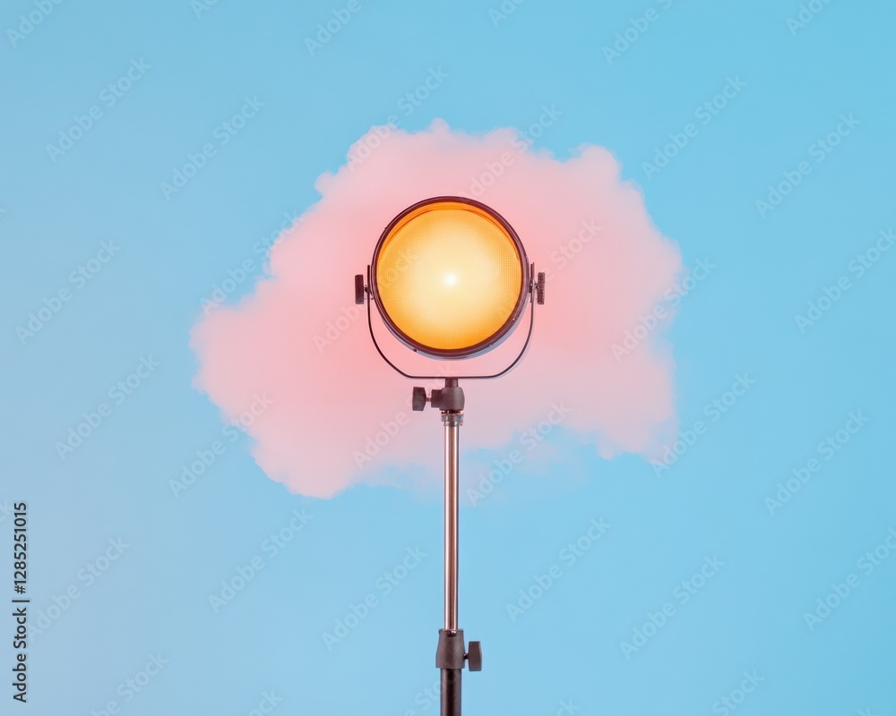 Poster Tech-Driven Event Aesthetics Contemporary Spotlight and Stand Setup with Soft Textures on Bold Backdrop - Professional Event Production and Innovative Atmosphere Design