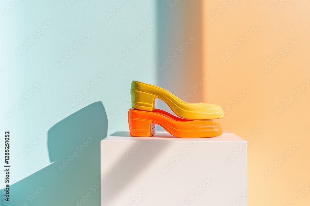 Aufkleber retro flared block heels stack in minimalist pastel setting - bold textures and colors for fashion m